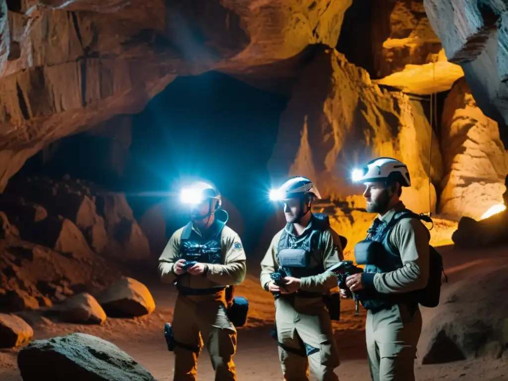 Equipo de entrenamiento manejo drones exploraciones subterráneas, listo para la exploración en cueva oscura con drones iluminando las paredes rocosas