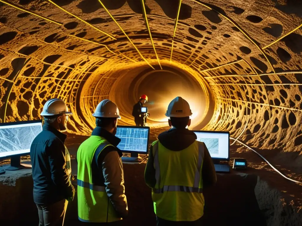 Equipo de especialistas realizando escaneo láser de maravillas subterráneas con tecnología de vanguardia, iluminando la estructura con precisión