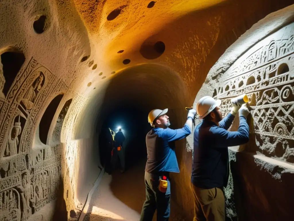 Un equipo de especialistas en restauración trabaja meticulosamente en la limpieza de las intrincadas tallas de un túnel subterráneo antiguo, revelando colores vibrantes y detalles históricos con técnicas de restauración túneles históricos