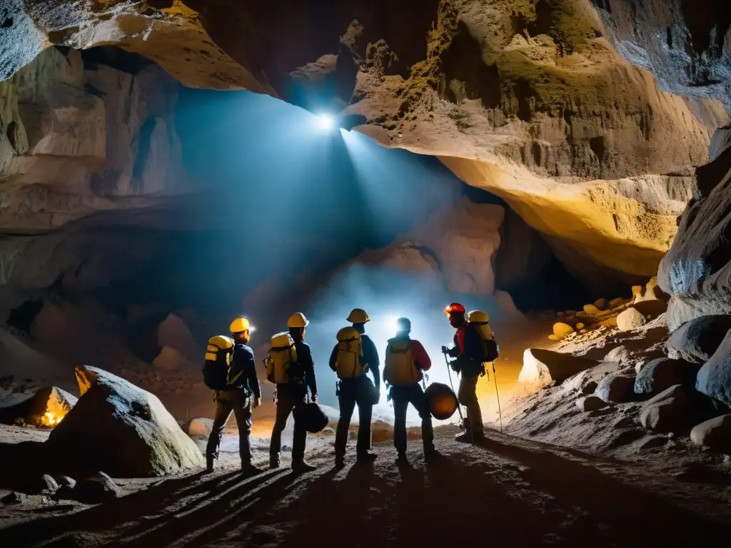 Un equipo de espeleólogos con cámaras de alto rendimiento exploran una caverna subterránea, capturando la intensidad de la aventura