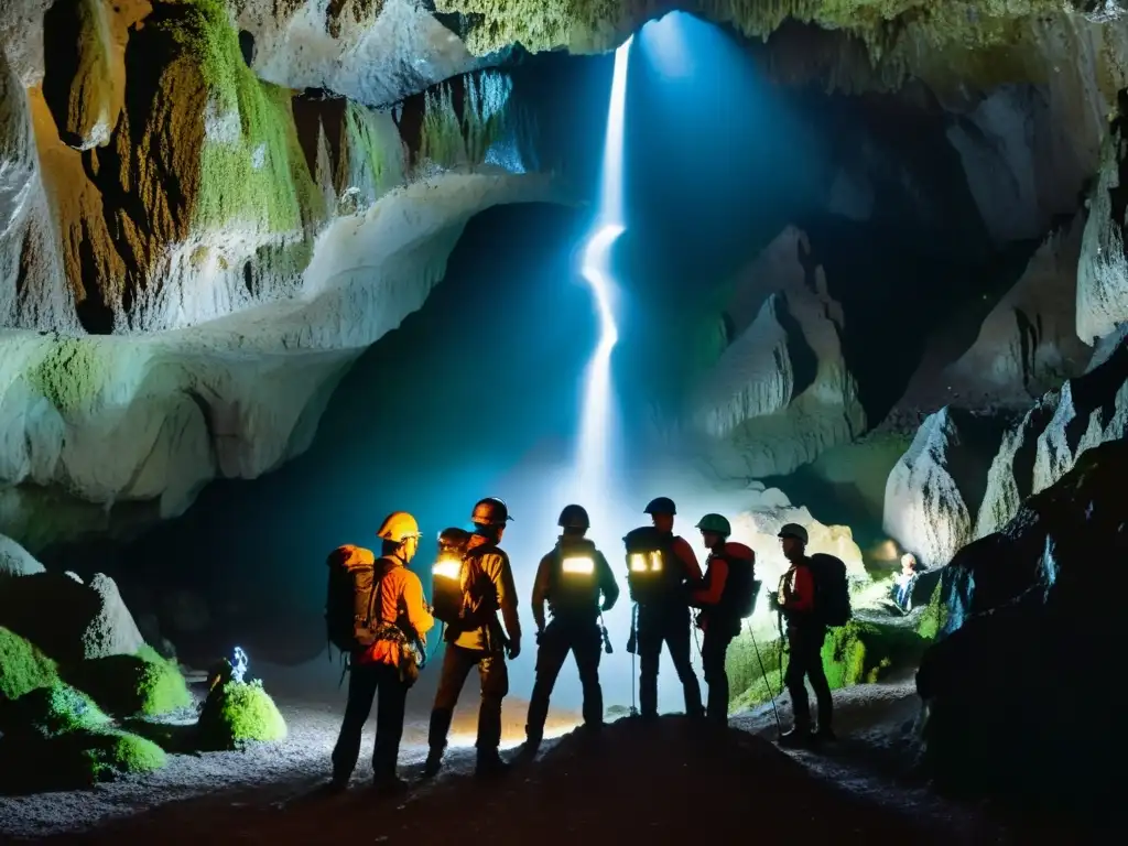 Equipo de espeleólogos se prepara para explorar las cuevas de Waitomo, con estalactitas y estalagmitas detalladas a su alrededor