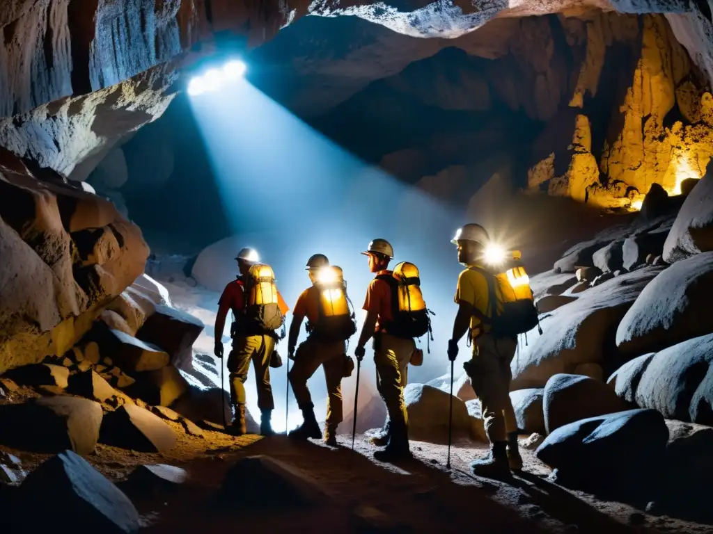 Un equipo de espeleólogos con linternas y equipo de escalada explorando una cueva subterránea