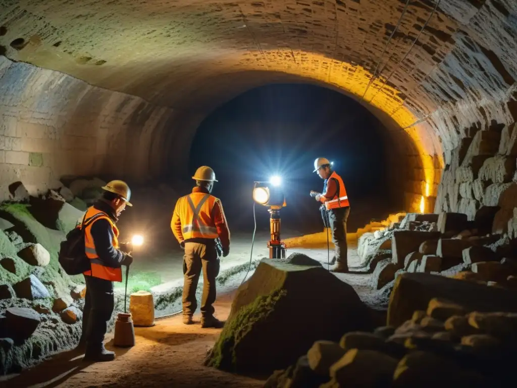 Equipo de expertos restaurando canales subterráneos históricos en una atmósfera de luz cálida y sombras, mostrando dedicación y expertise