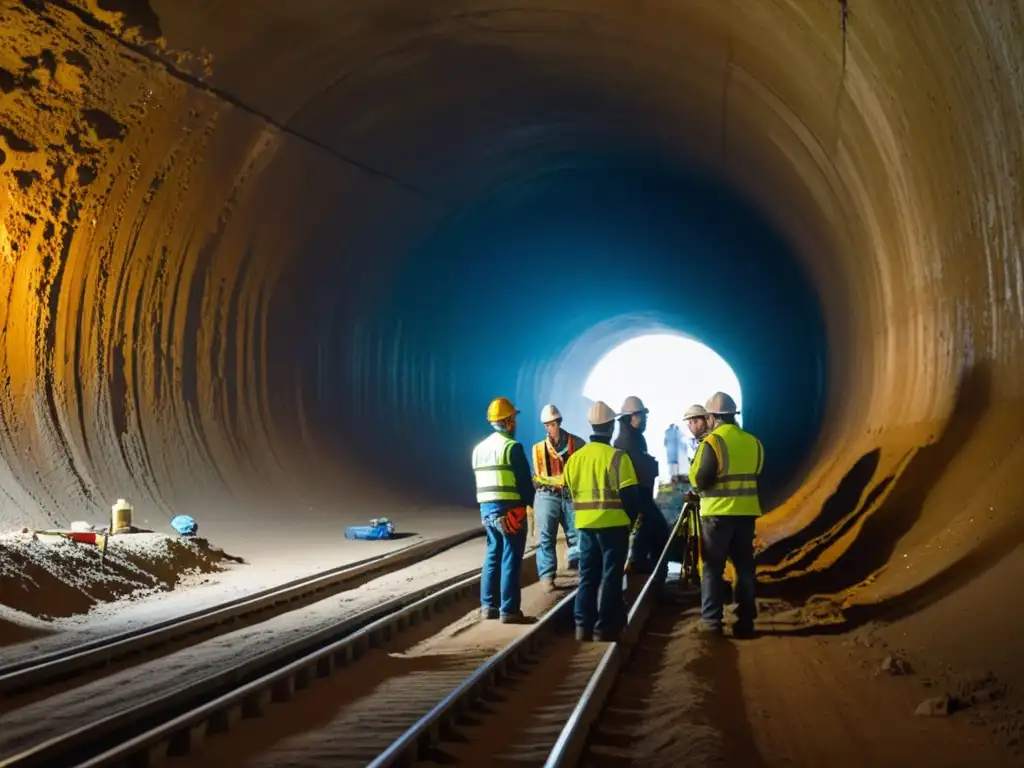 Equipo de expertos en túnel histórico analizando la geología y buscando oportunidades de inversión