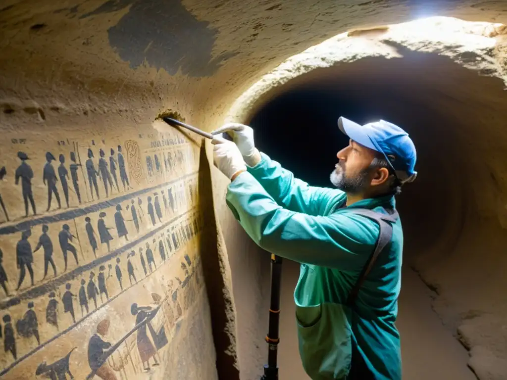 Equipo de expertos en conservación protegiendo inscripciones y pinturas en túneles antiguos con precisión y dedicación asombrosas