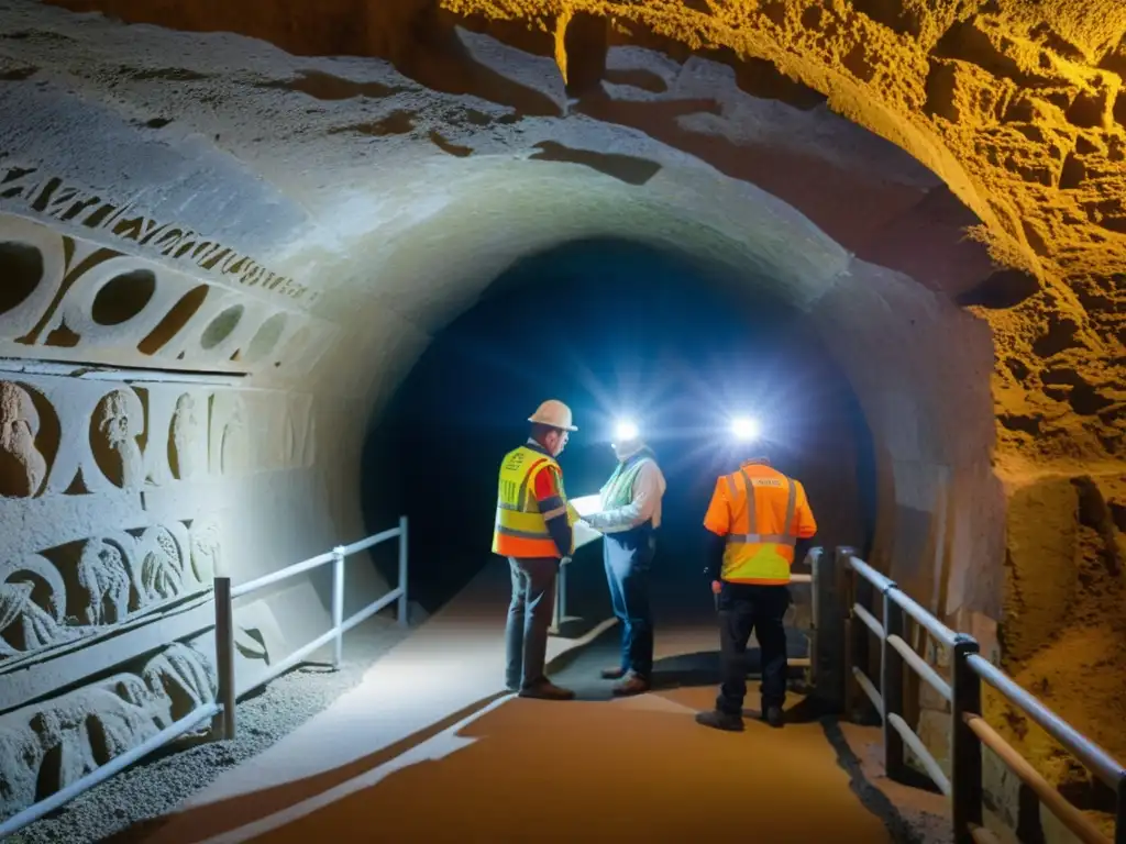 Un equipo de expertos restaura con precisión un túnel romano antiguo, iluminados por una cálida luz