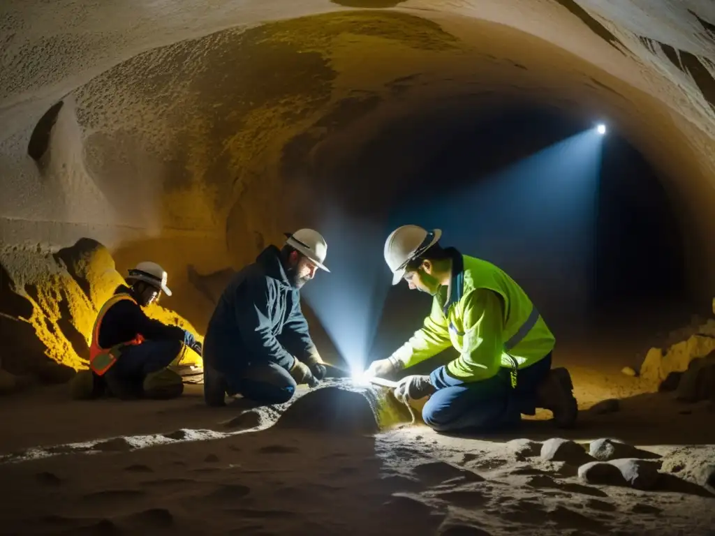 Un equipo de expertos en restauración limpiando meticulosamente y reparando antiguas esculturas de piedra en un túnel subterráneo, con técnicas de restauración túneles subterráneos