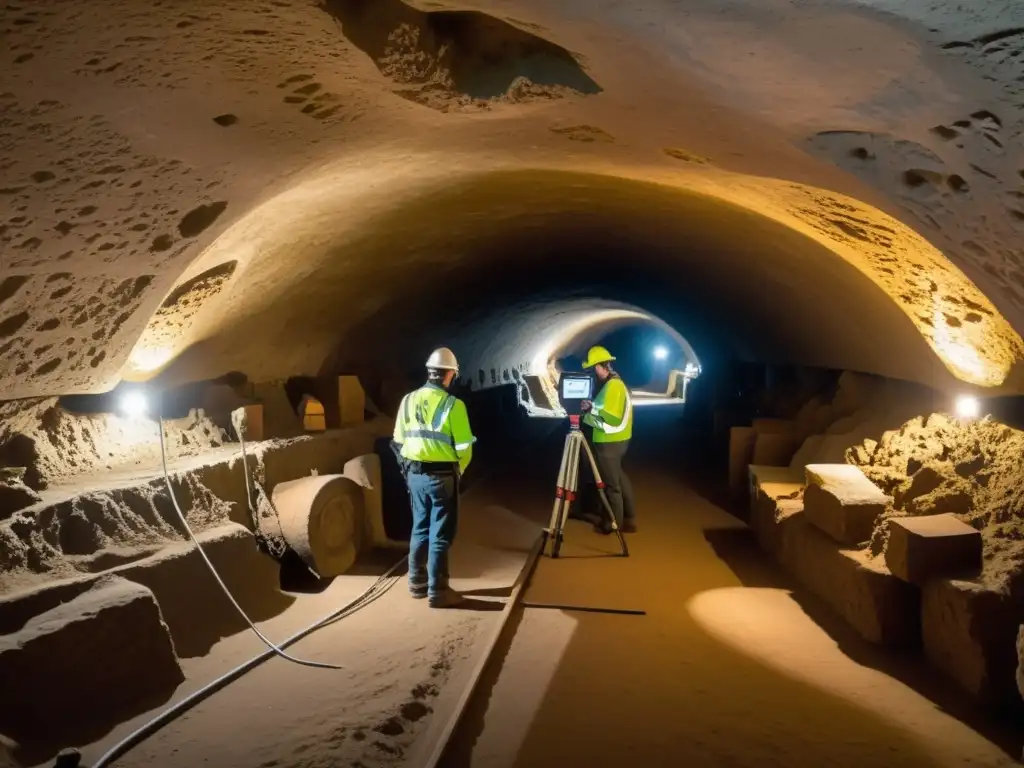 El equipo de expertos en restauración documentando minuciosamente una cámara subterránea histórica, resaltando la importancia de la documentación en la restauración de lugares subterráneos