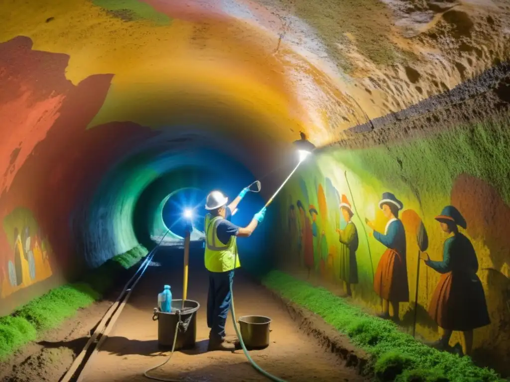 Un equipo de expertos en restauración limpia y retoca con delicadeza un vibrante mural en un túnel subterráneo