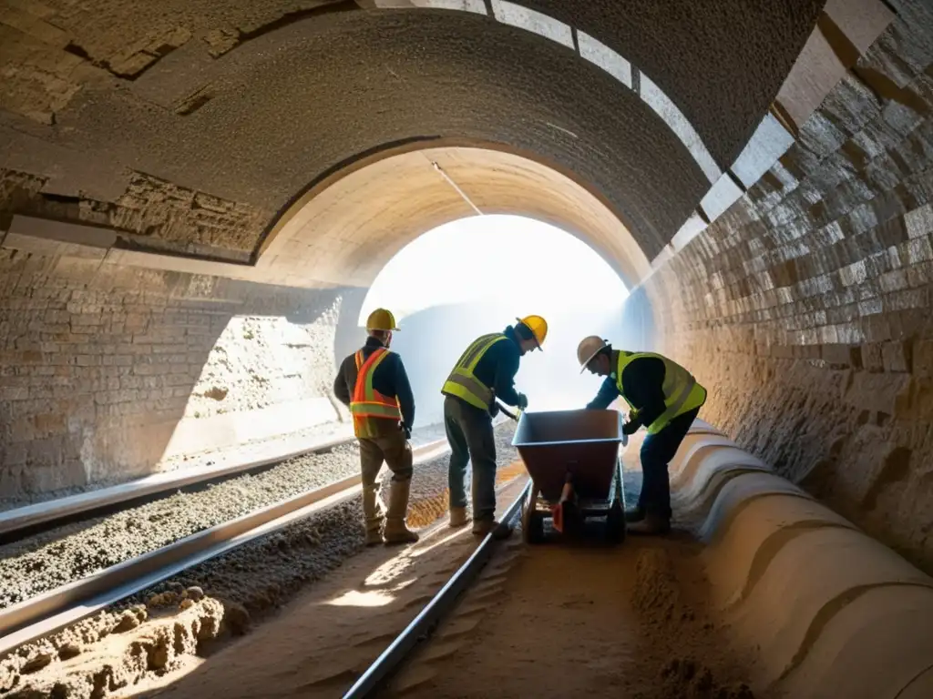 Un equipo de expertos en restauración trabaja meticulosamente en la limpieza de un túnel histórico, revelando su belleza arquitectónica