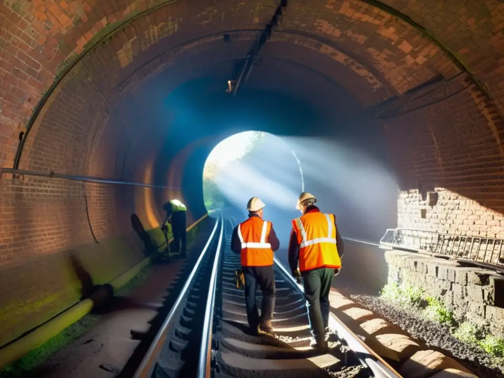 Un equipo de expertos en restauración trabaja meticulosamente en la preservación de un túnel ferroviario histórico, resaltando su grandiosidad y la complejidad del proceso de restauración