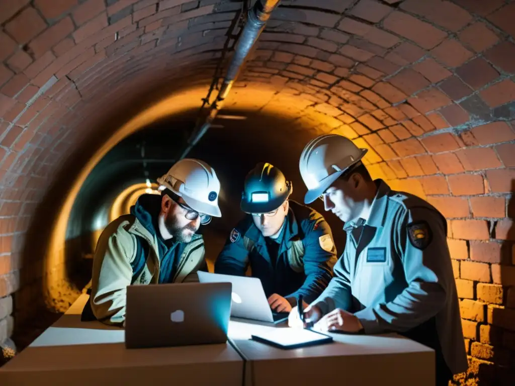 Un equipo de expertos en seguridad cibernética analiza datos en un túnel subterráneo, protegiendo infraestructuras