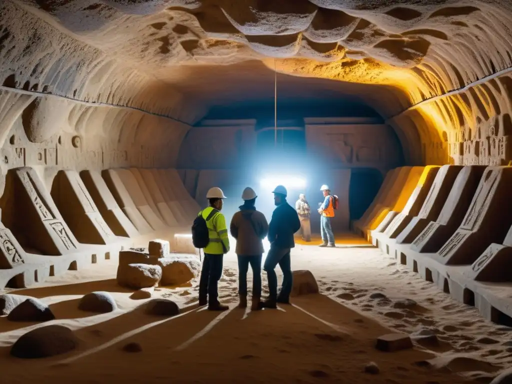 Equipo de expertos en simulaciones 3D escaneando estructuras subterráneas milenarias con emoción y precisión tecnológica