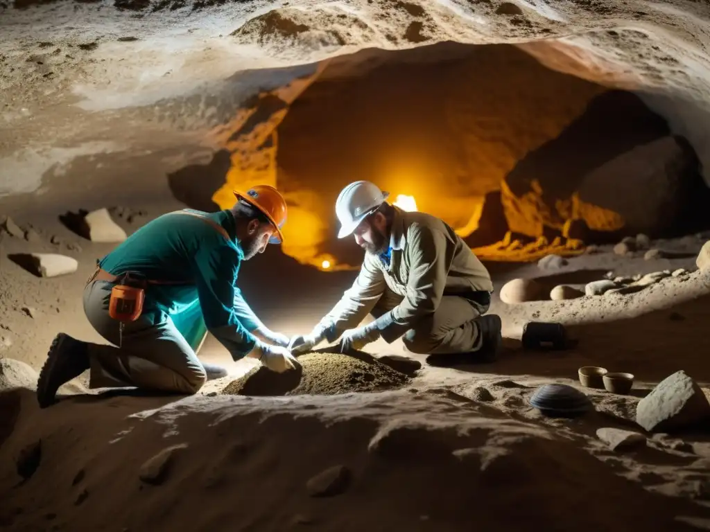 Un equipo de expertos en conservación patrimonial subterránea excavando y preservando artefactos antiguos en un sitio arqueológico, resaltando la importancia de las herramientas esenciales de preservación