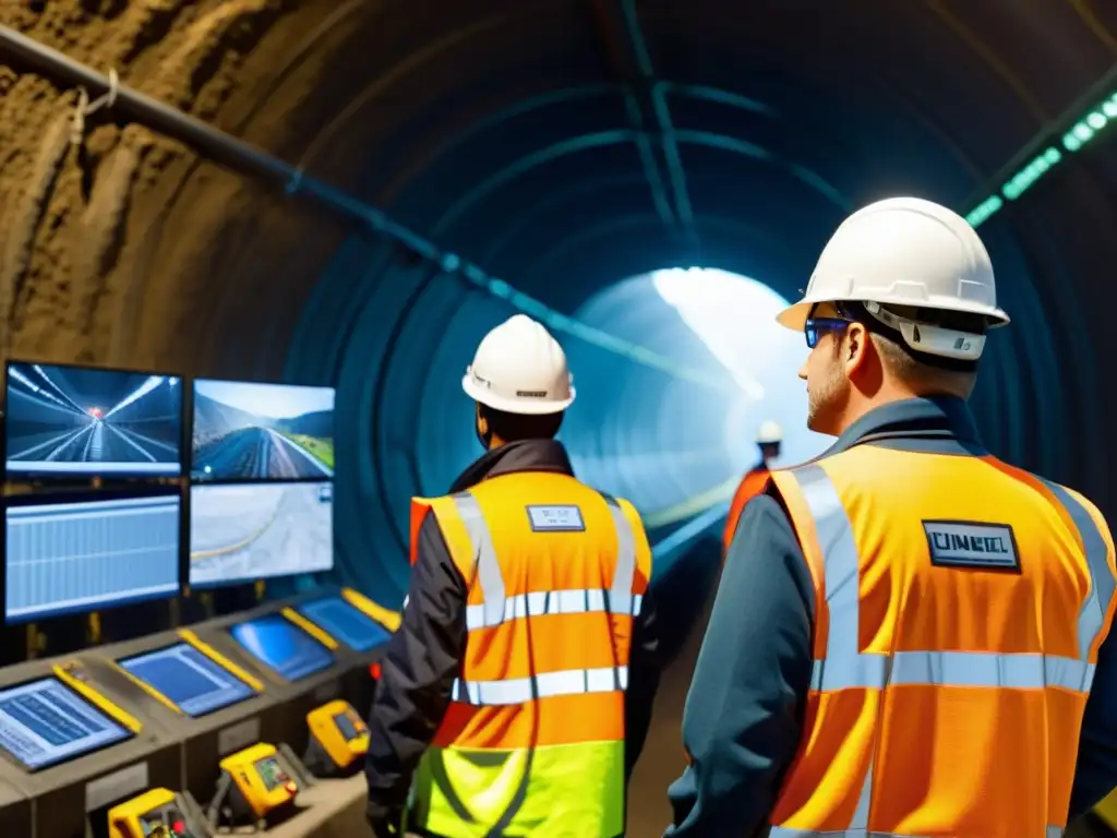 Equipo de exploración de túneles subterráneos supervisando avances y comunicaciones, con maquinaria industrial al fondo