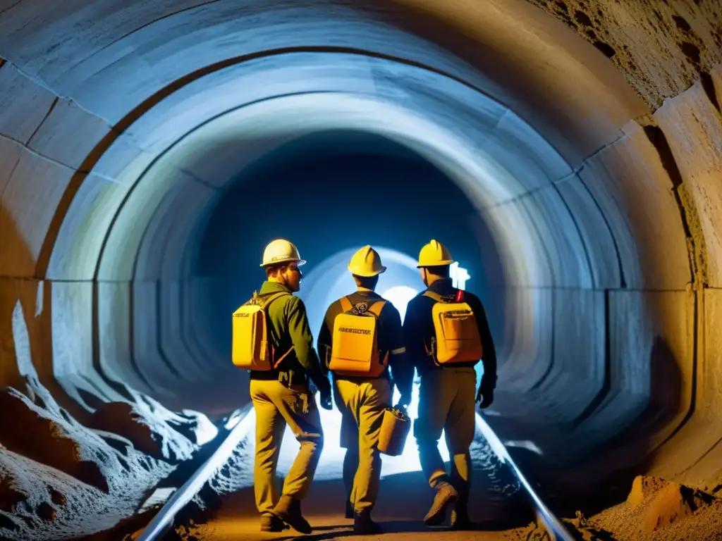 Equipo explorador utilizando software mapeo 3D en túnel histórico, inmersos en la atmósfera misteriosa y tecnológica