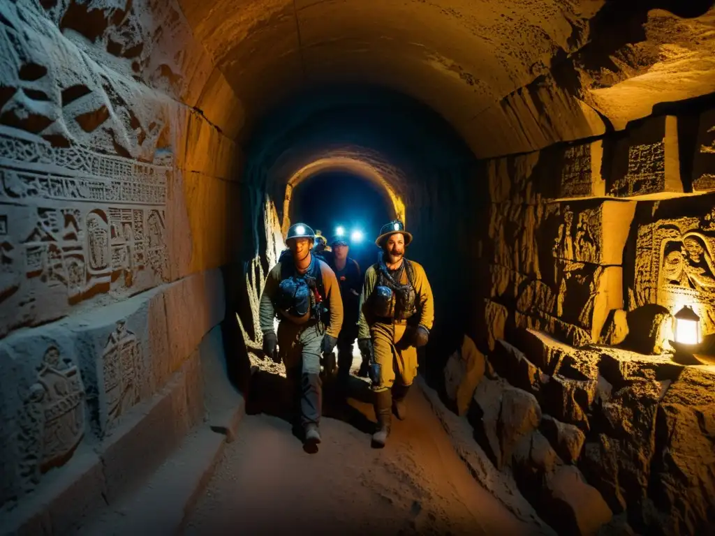 Equipo de exploradores con headlamps en túnel subterráneo de piedra, expresando determinación y asombro en la exploración legal de antiguas maravillas