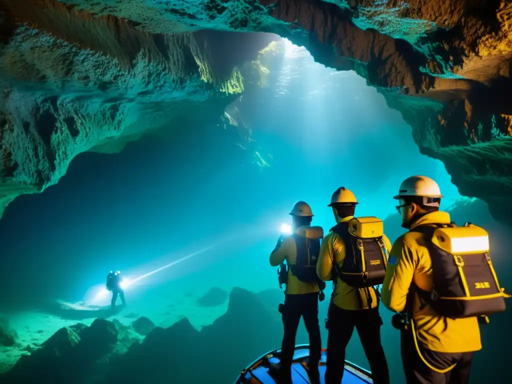 Un equipo de exploradores utiliza sonar avanzado para mapear una cueva submarina oculta