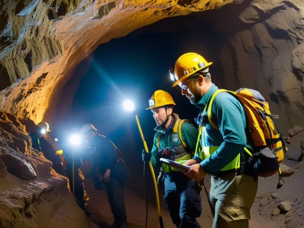 Un equipo de exploradores con cascos y linternas navega cuidadosamente un estrecho túnel subterráneo