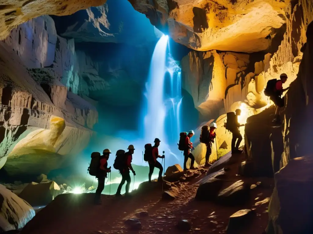 Un equipo de exploradores desciende con cautela a una caverna subterránea, iluminados por sus linternas