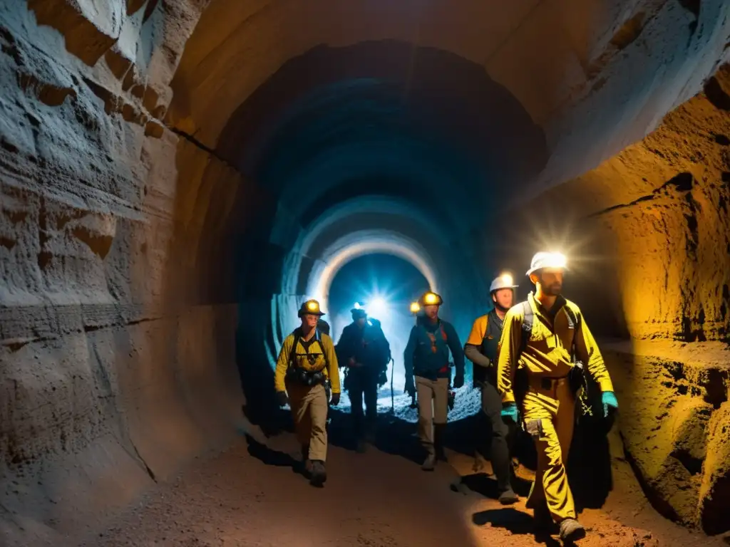 Un equipo de exploradores avanza con cautela por un estrecho túnel subterráneo, iluminado por tenues luces y lleno de misterio