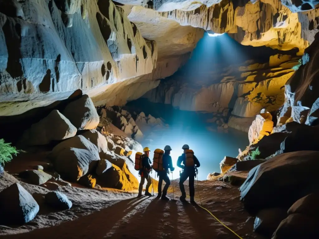 Un equipo de exploradores desciende con cuerdas y equipo de escalada en una misteriosa cueva llena de formaciones rocosas