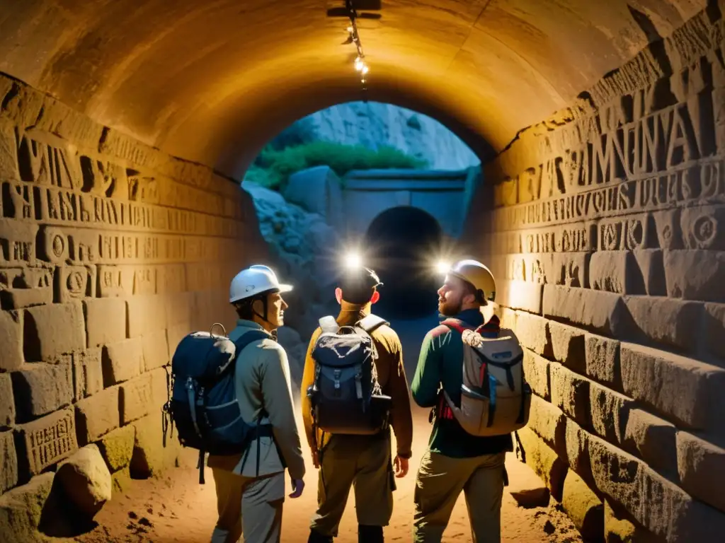 Equipo de exploradores con dispositivos de audio en la entrada de un túnel histórico, envuelto en misterio