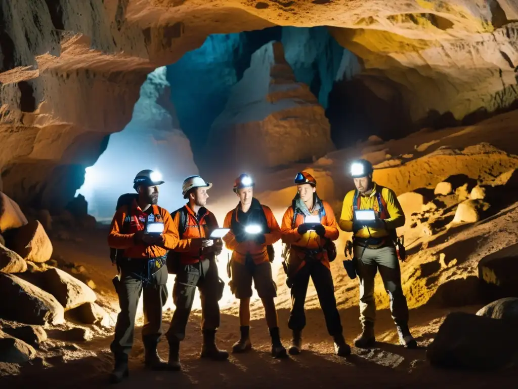 Un equipo de exploradores utiliza dispositivos GPS para exploración subterránea mientras navegan por una cueva oscura y estrecha