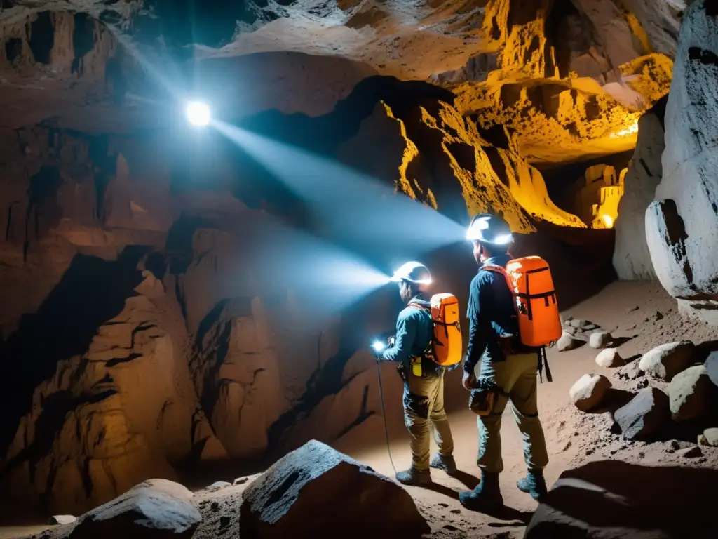 Equipo de exploradores con drones en caverna subterránea, mapeando túneles