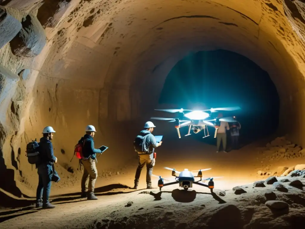 Equipo de exploradores utilizando drones para exploración de túneles históricos, descubriendo artefactos históricos con tecnología de vanguardia