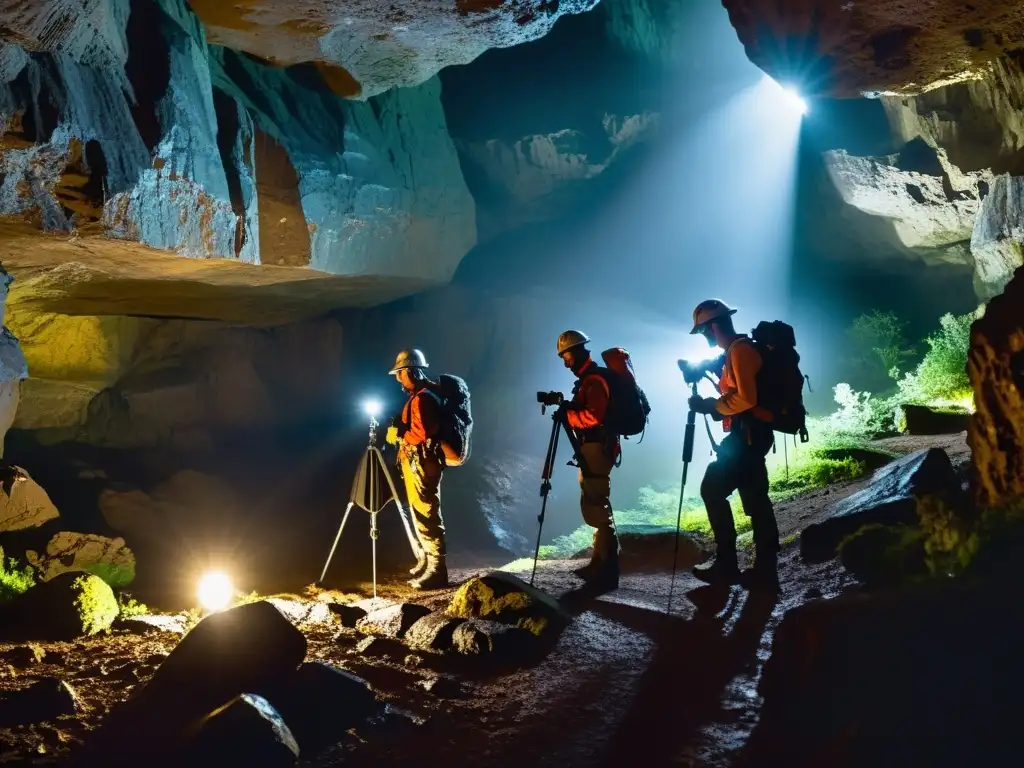 Un equipo de exploradores en equipo de protección y linternas, cartografiando una cueva subterránea con software de mapeo