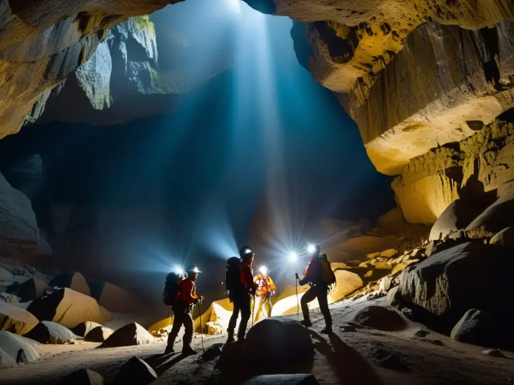 Un equipo de exploradores iluminando el Gran Sótano del Barro en México con sus lámparas frontales, revelando maravillas naturales en la oscuridad