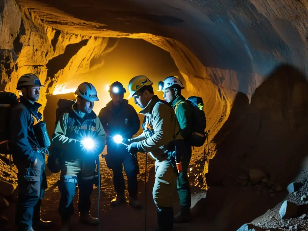 El equipo de exploradores se prepara para adentrarse en el laberinto de túneles en la mina Naica, inmersos en la intensa atmósfera subterránea