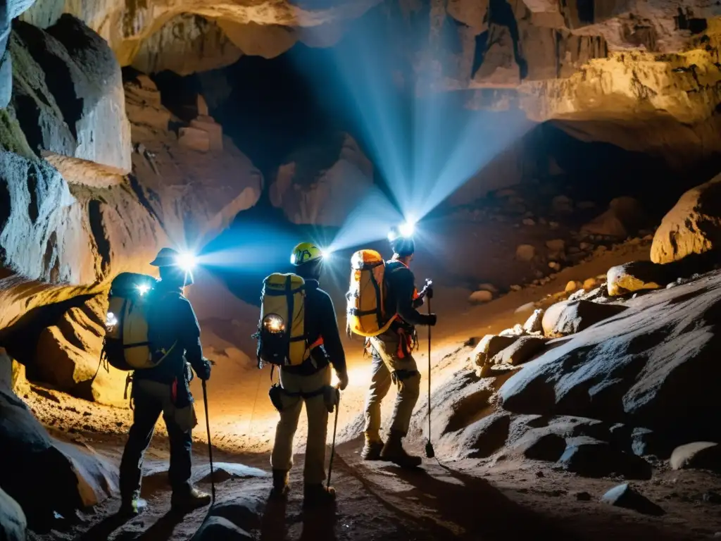 Un equipo de exploradores desciende con lámparas frontales y equipo de mapeo avanzado en una cueva subterránea