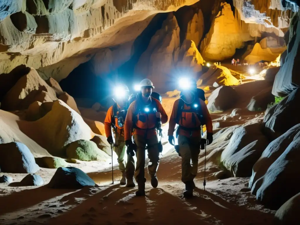 Exploradores en cueva mapean red subterránea Equipo de exploradores con linternas en cueva, mapeando túneles