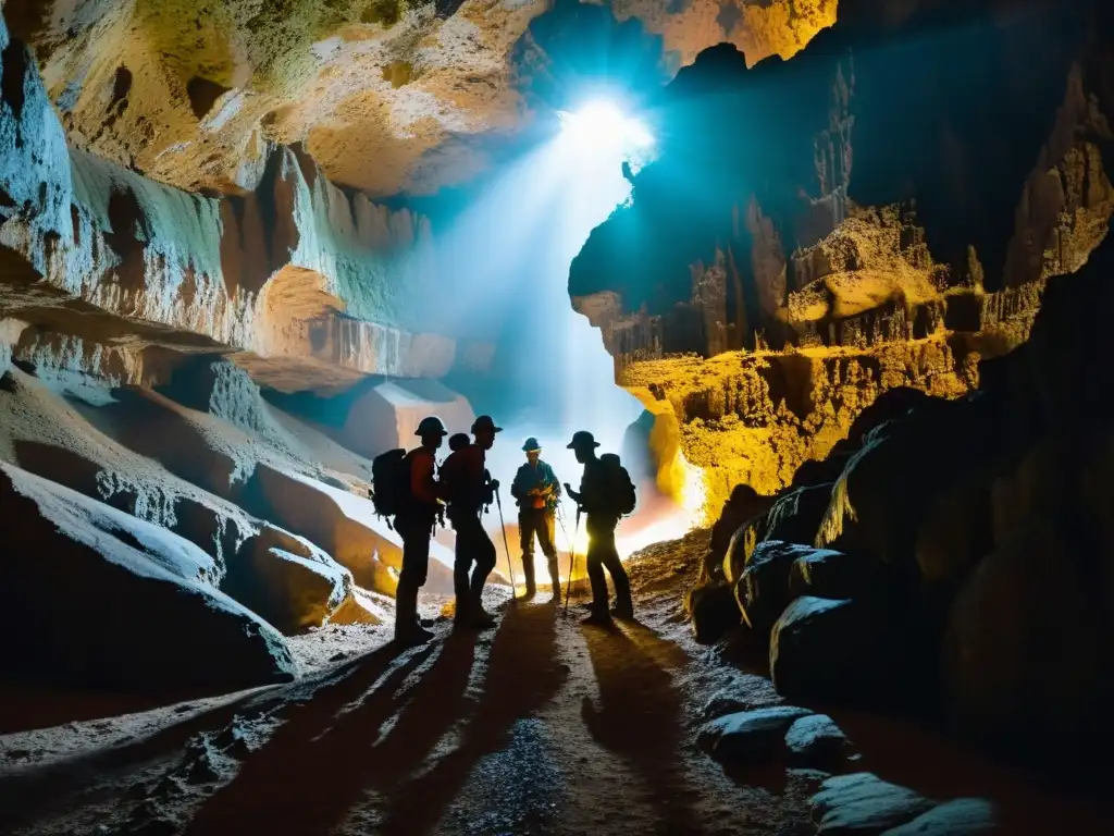 Equipo de exploradores con linternas en cueva, capturando la misteriosa belleza subterránea con sus mejores cámaras de video para cuevas