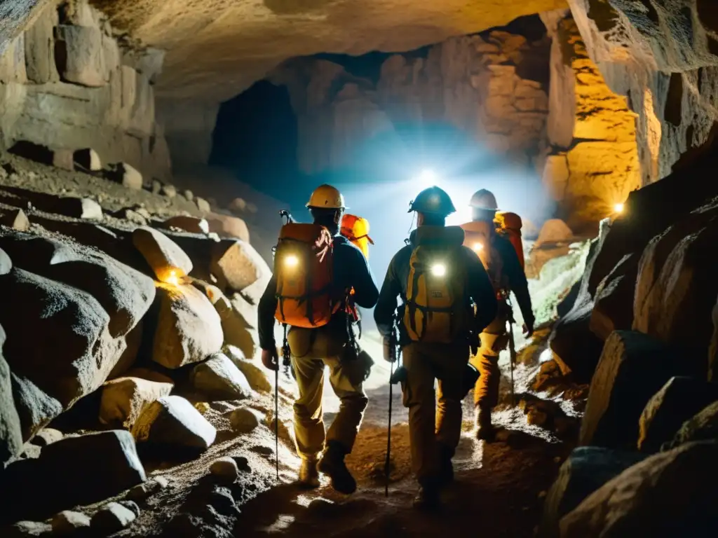 Un equipo de exploradores con linternas y equipo de escalada, navegando por un antiguo túnel subterráneo