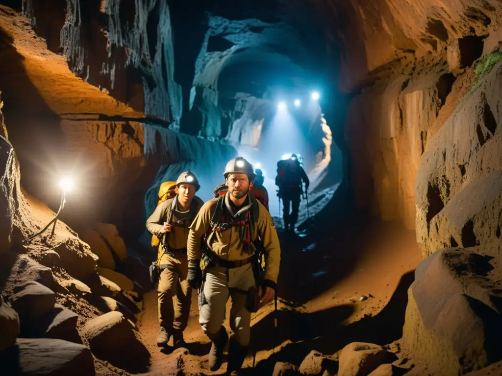 Un equipo de exploradores con linternas y equipo de mapeo recorre un laberinto subterráneo