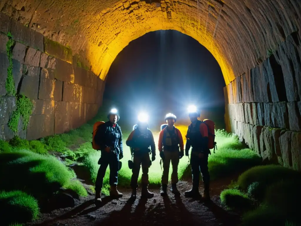 Un equipo de exploradores con linternas y equipo de seguridad se prepara para ingresar a un túnel histórico cubierto de musgo