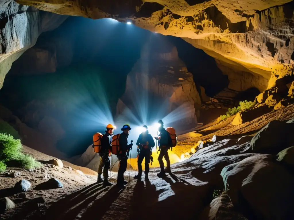 Un equipo de exploradores desciende con linternas y equipo de escalada en una caverna subterránea, iluminados por sus linternas