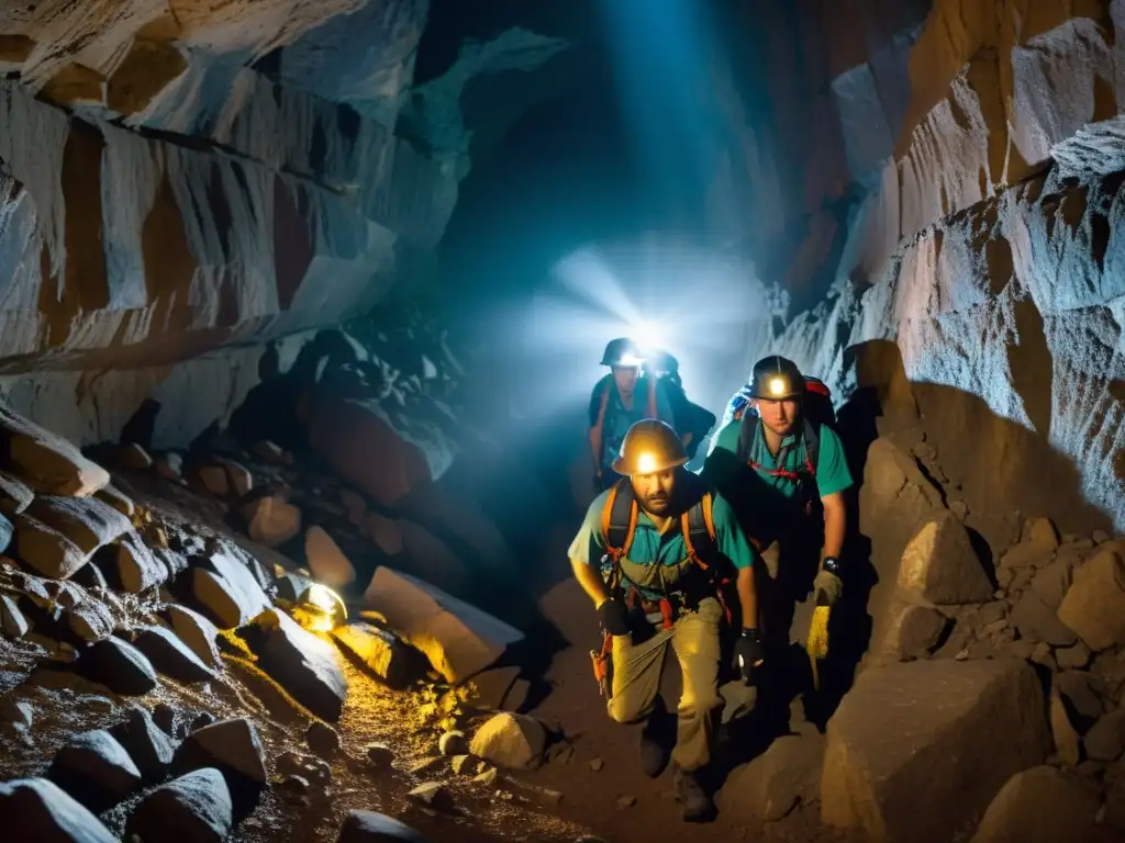 Un equipo de exploradores con linternas y equipo de escalada navega en un túnel oscuro, revelando formaciones rocosas