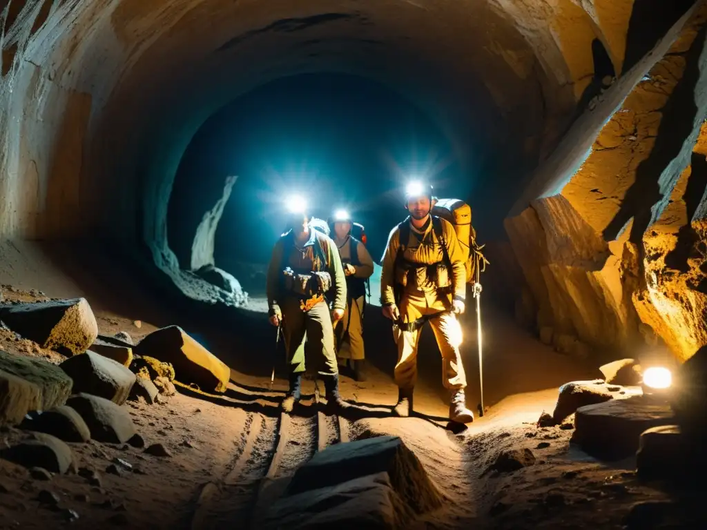 Equipo de exploradores con linternas y equipo, adentrándose en un túnel subterráneo con paredes de piedra antigua y misteriosos símbolos