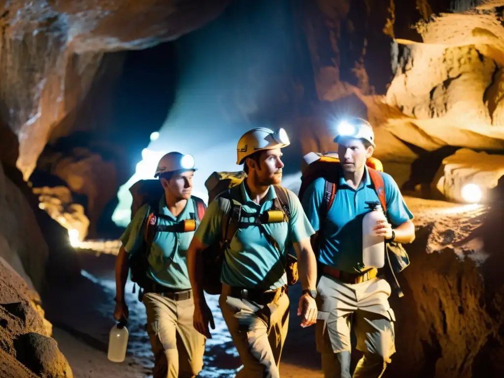 Equipo de exploradores con linternas frontales y sistemas de agua en una oscura cueva subterránea