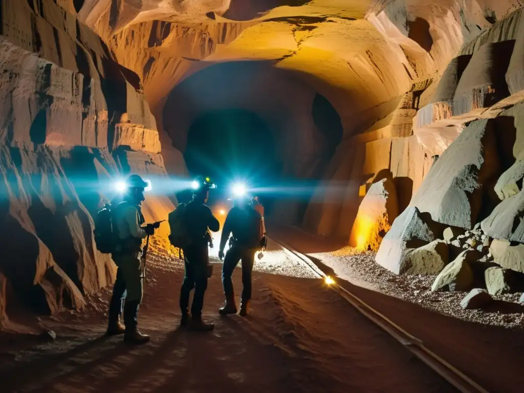 Equipo de exploradores en túnel subterráneo con linternas y gafas de realidad aumentada, revelando formaciones rocosas