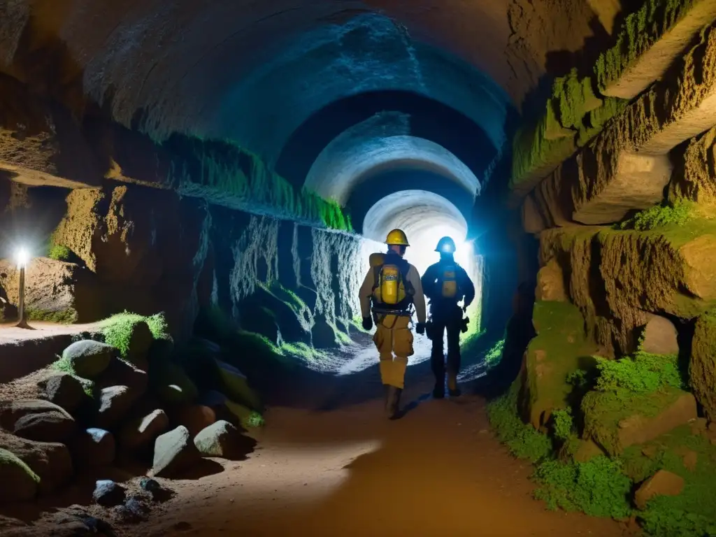 Equipo de exploradores con linternas y recubrimientos ecológicos para túneles, documentando un pasaje subterráneo antiguo y misterioso