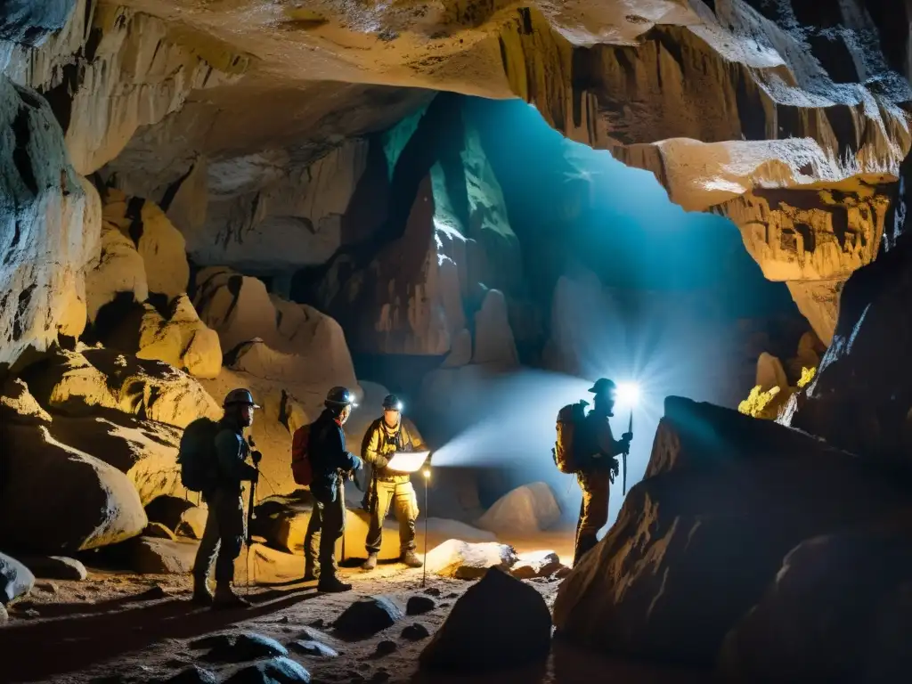 Un equipo de exploradores listos para adentrarse en una cueva oscura, transmitiendo emoción y precaución