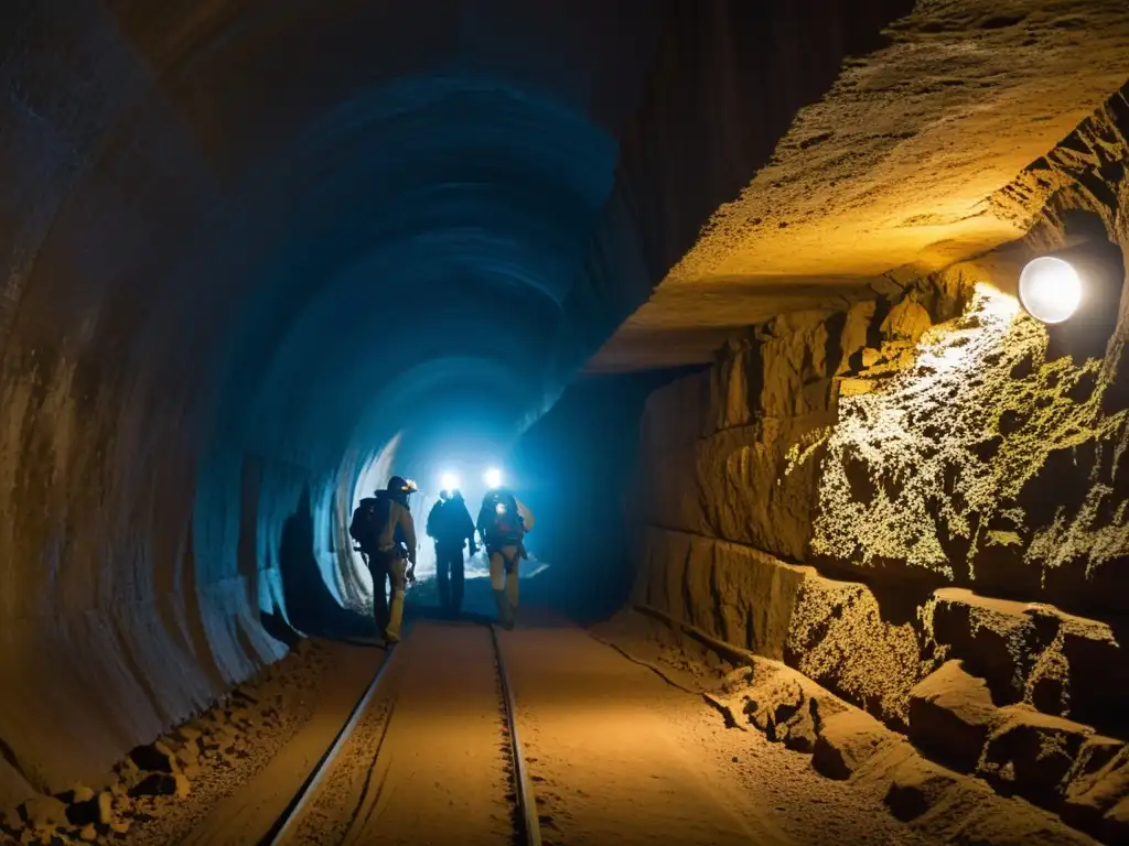 Un equipo de exploradores modernos con equipamiento avanzado para exploración subterránea navega con determinación por un túnel subterráneo iluminado por sus lámparas frontales, revelando la historia y la emoción de descubrir maravillas ocultas