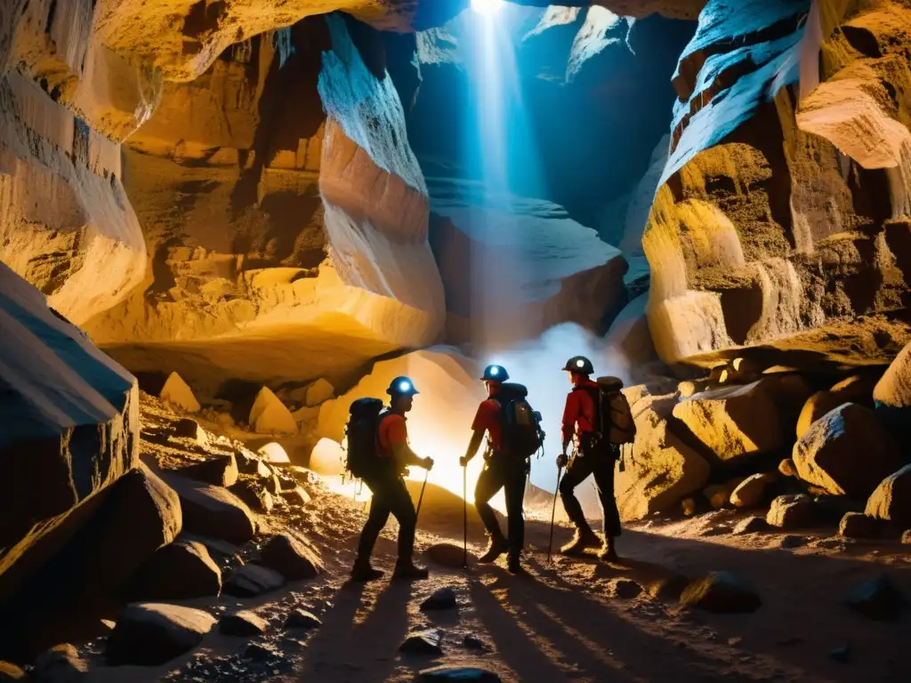 Equipo de exploradores modernos con linternas y equipo de escalada, descubriendo una caverna subterránea llena de formaciones rocosas e artefactos antiguos