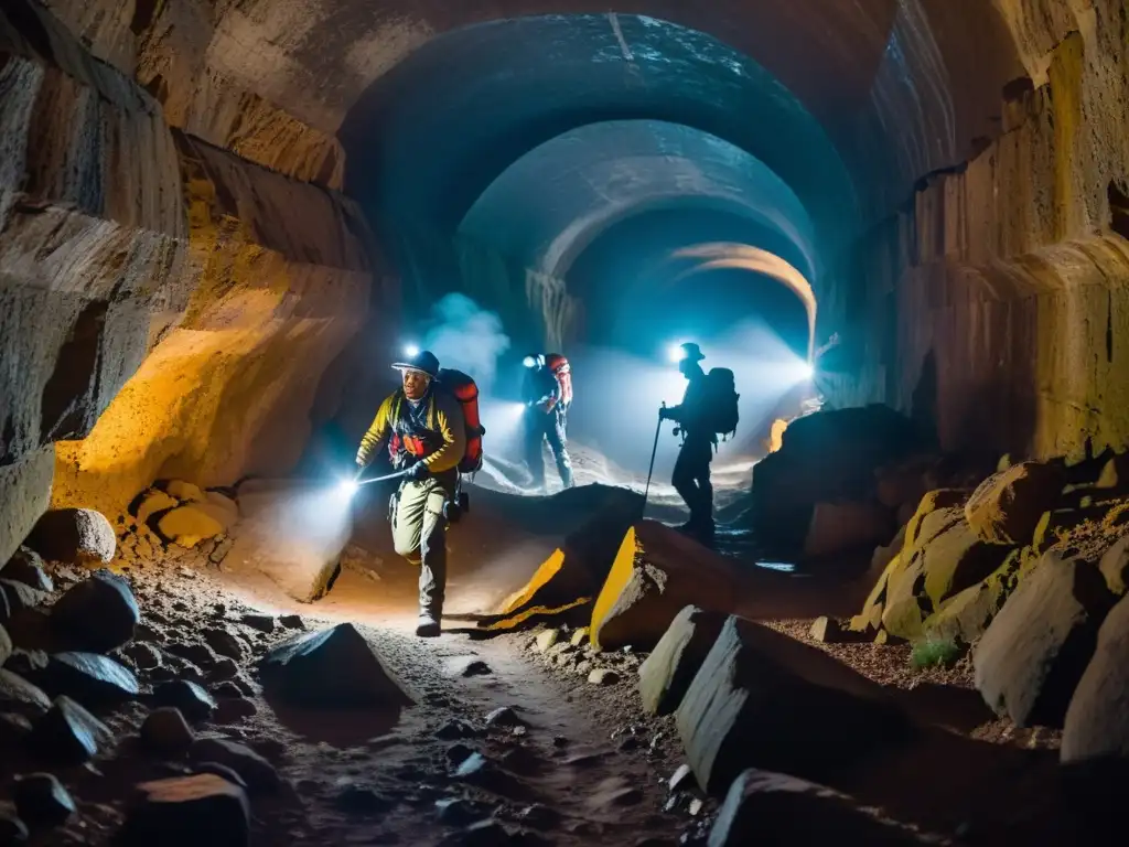 Equipo de exploradores modernos con linternas y equipo de alta tecnología explorando con cuidado un túnel subterráneo oscuro