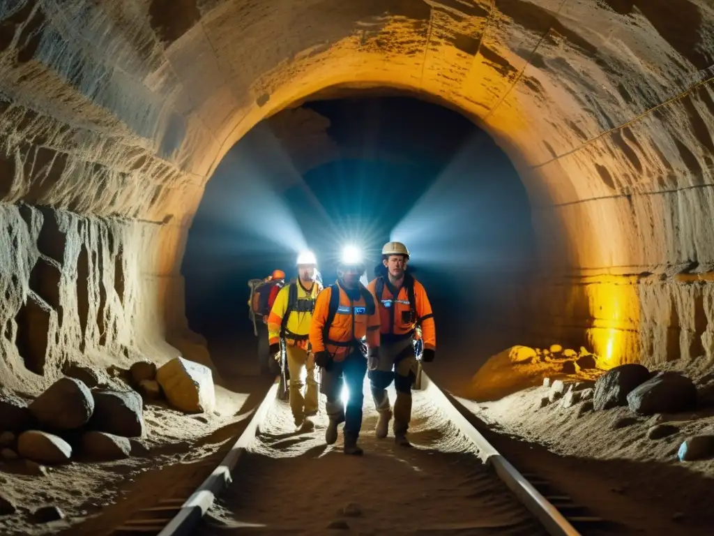 Equipo de exploradores modernos documentando túnel antiguo con herramientas avanzadas, en penumbra